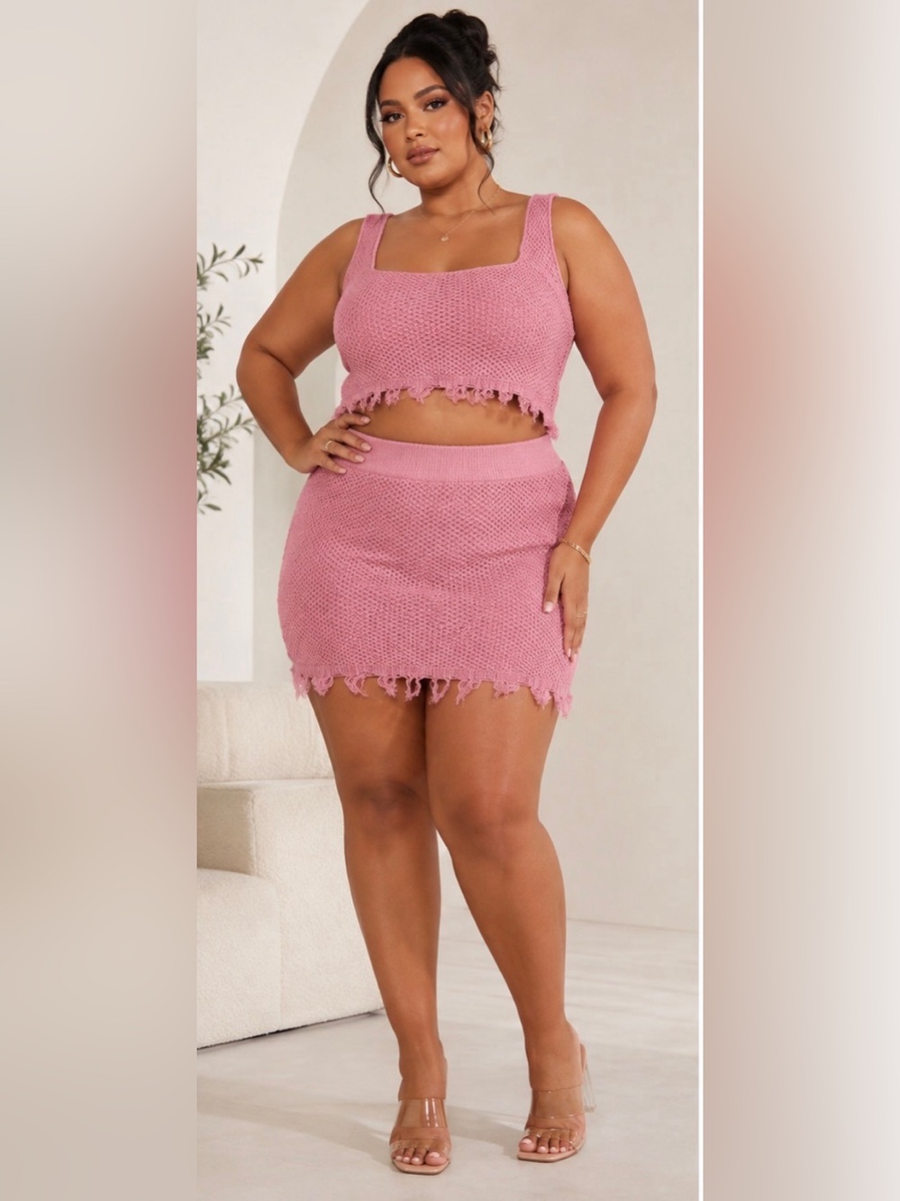 NWT PrettyLittleThing Plus Pink Knit Crop Top & Mini Skirt Set US 18